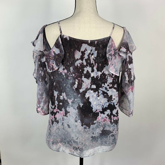 Bar III Blouse Women Medium Cold Shoulder Feminine Ruffles Muted Gray Pink - Picture 5 of 10